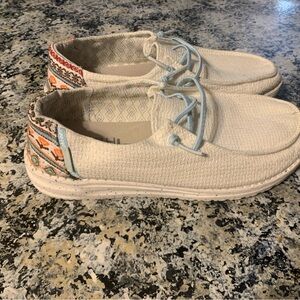 Hey Dude Cream and Blue Boat Shoes